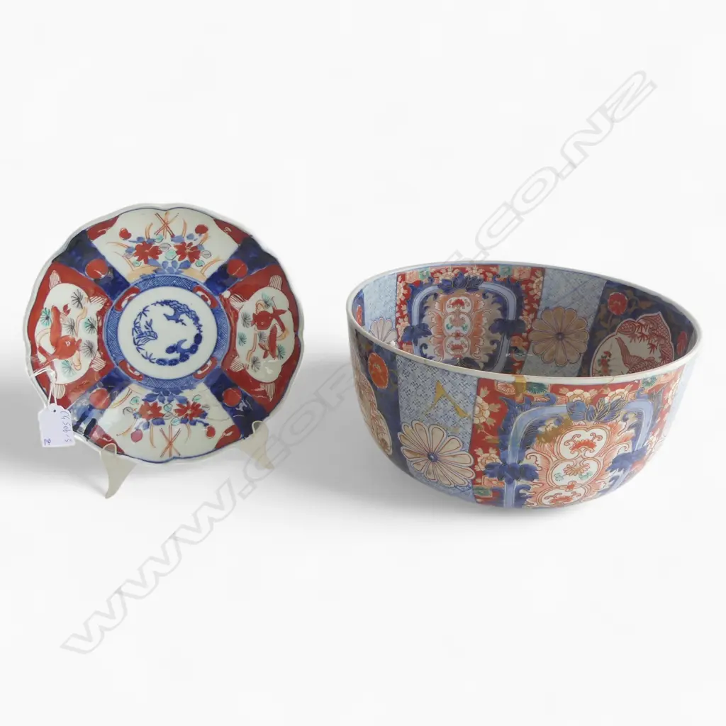 TWO PCS c1900 IMARI; LRG BOWL (some repair but still rings), Dia.270mm, H.160mm & SML CHARGER, Dia.220mm Image 1++