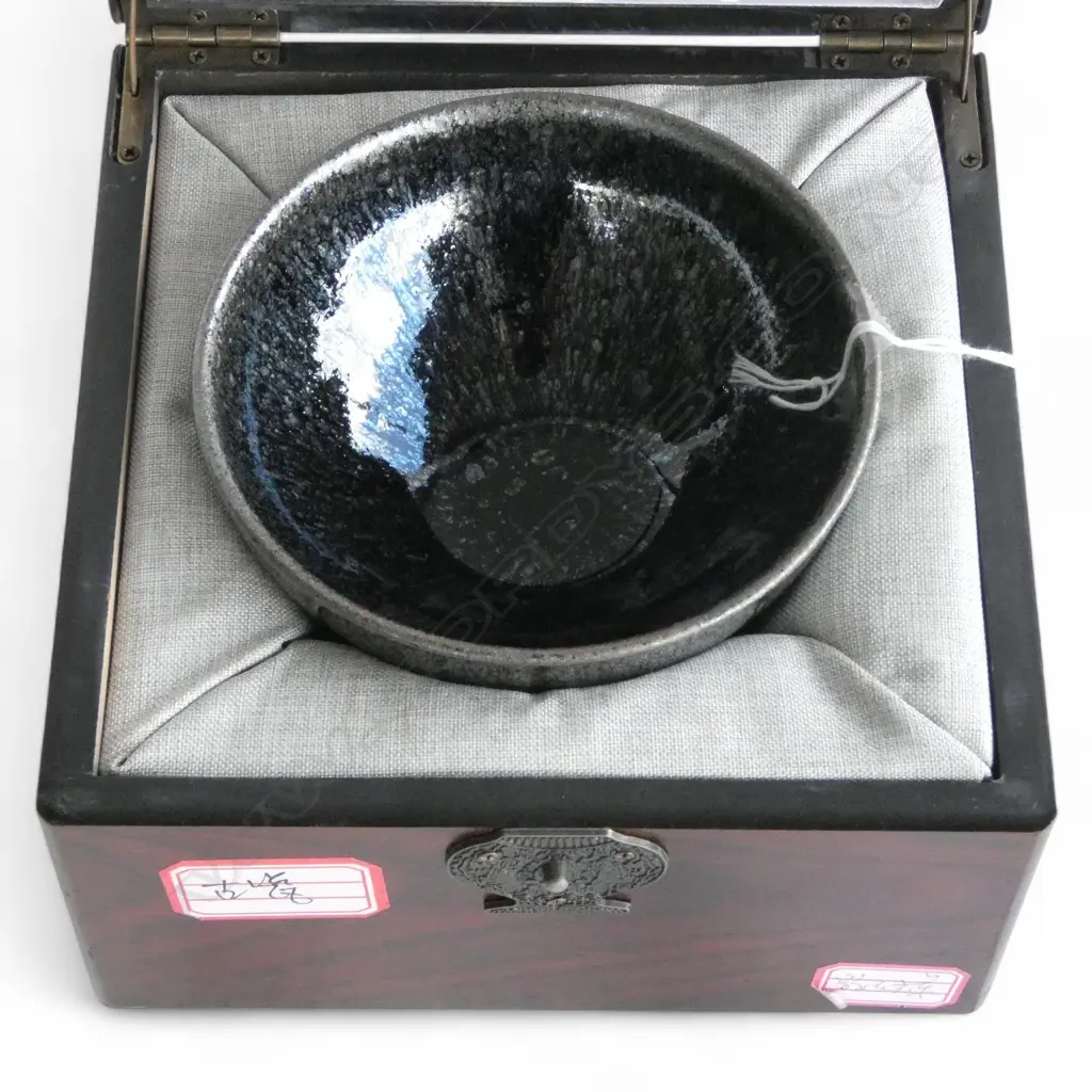 JAPANESE HARE'S FUR GLAZE BOWL metallic mottled glaze H.123mm. In original box Image 1++