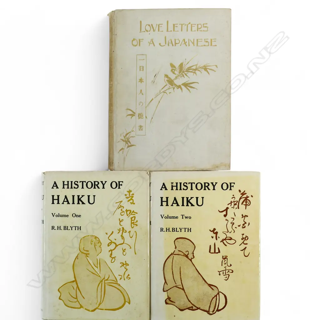 3 ANTIQUE BOOKS: RH BLYTH 'HISTORY OF HAIUKU' 2 VOLS & GN MORTLAKE 'LOVE LETTERS OF A JAPANESE' Image 1++