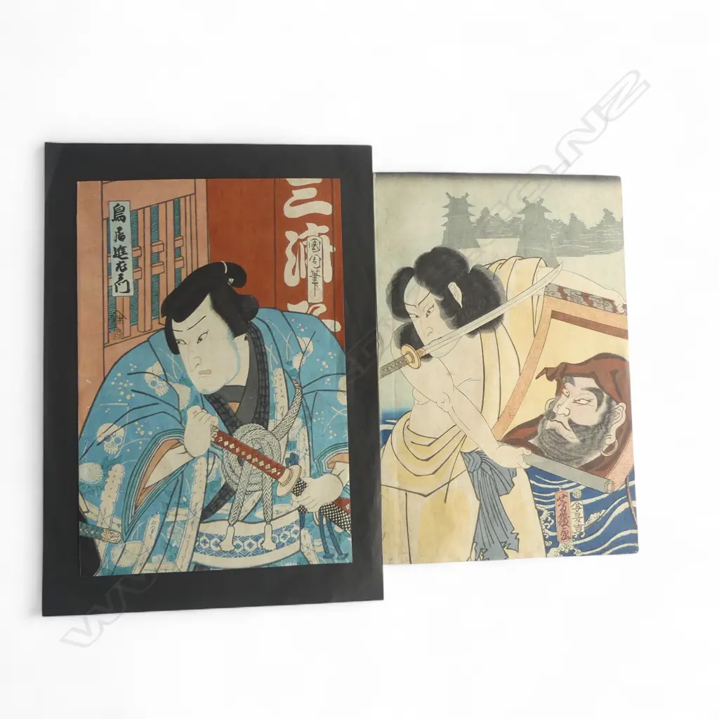 2 JAPANESE UKIYO-E KABUKI PRINTS; TOYOHARA KUNICHIKA (1835-1900) + YOSHIMORI (1831-1855) untitled tryptych? 370x245mm Image 1++