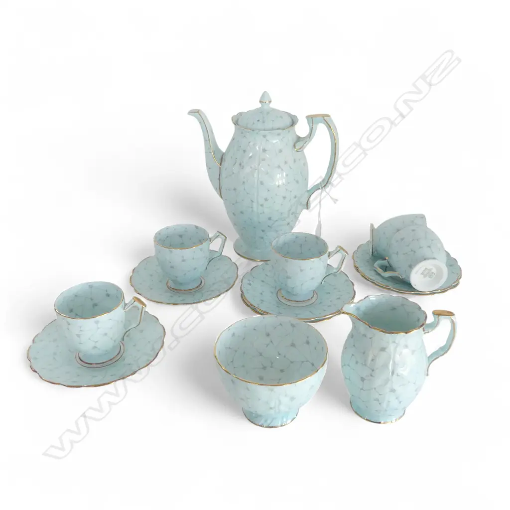 AYNSLEY COFFEE SET AOF BLUE PETTLE PAT COFFEE POT H200 C/SUGAR & 6 CSS Image 1++