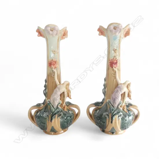 PAIR OF NOUVEAU STYLE MAJOLICA VASES MODELLED WITH CLASSICAL MAIDENS 420 mm (H)