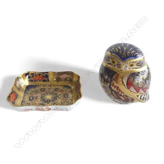 ROYAL CROWN DERBY OWL H.75mm & IMARI PIN DISH 75x95mm