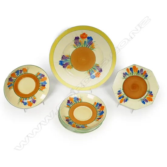 Eight Clarice Cliff Crocus pattern plates - includes a circular plate. Dia 227mm. Plus an octagonal small plate and a set of six saucer dishes Dia.145mm.