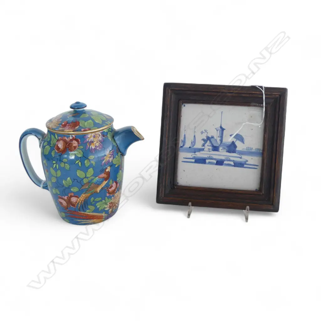 POTTERY TEAPOT BY 'RALLEY PATENT GLASGOW ARGYLESHAPE' 'MERTON'PATTERN H.150mm & BL/WH DUTCH TILE OLD SQ 110mm Image 1++