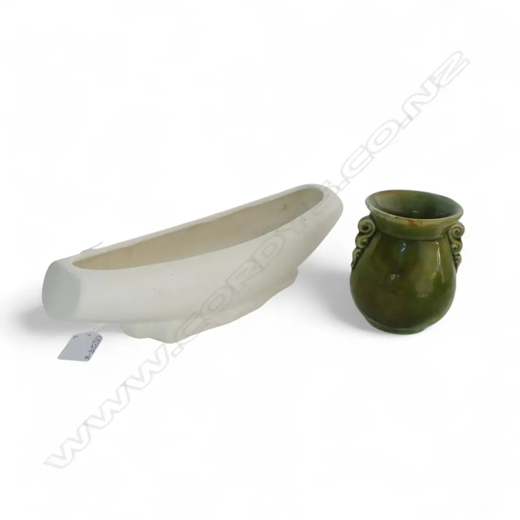 AMBRICO GREEN GLAZE VASE (REPAIR) + CROWN LYNN TROUGH w. TIKI STAMP W.290mm Image 1++