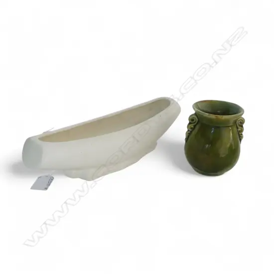 AMBRICO GREEN GLAZE VASE (REPAIR) + CROWN LYNN TROUGH w. TIKI STAMP W.290mm