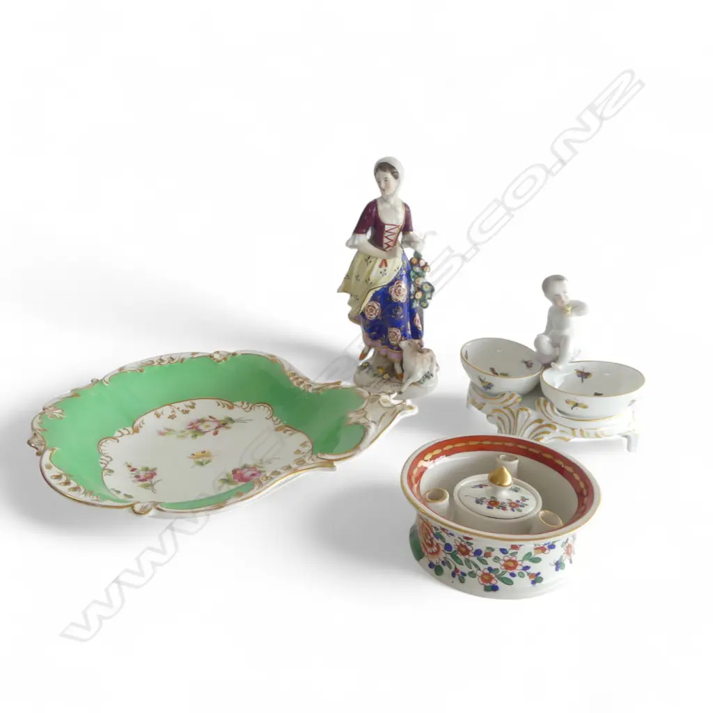 4 PCES PORCELAIN; ANTIQUE CHELSEA FIGURE H.185mm, HEREND DOUBLE DISH, DESSERT PLATE W.225mm & INKWELL Image 1++
