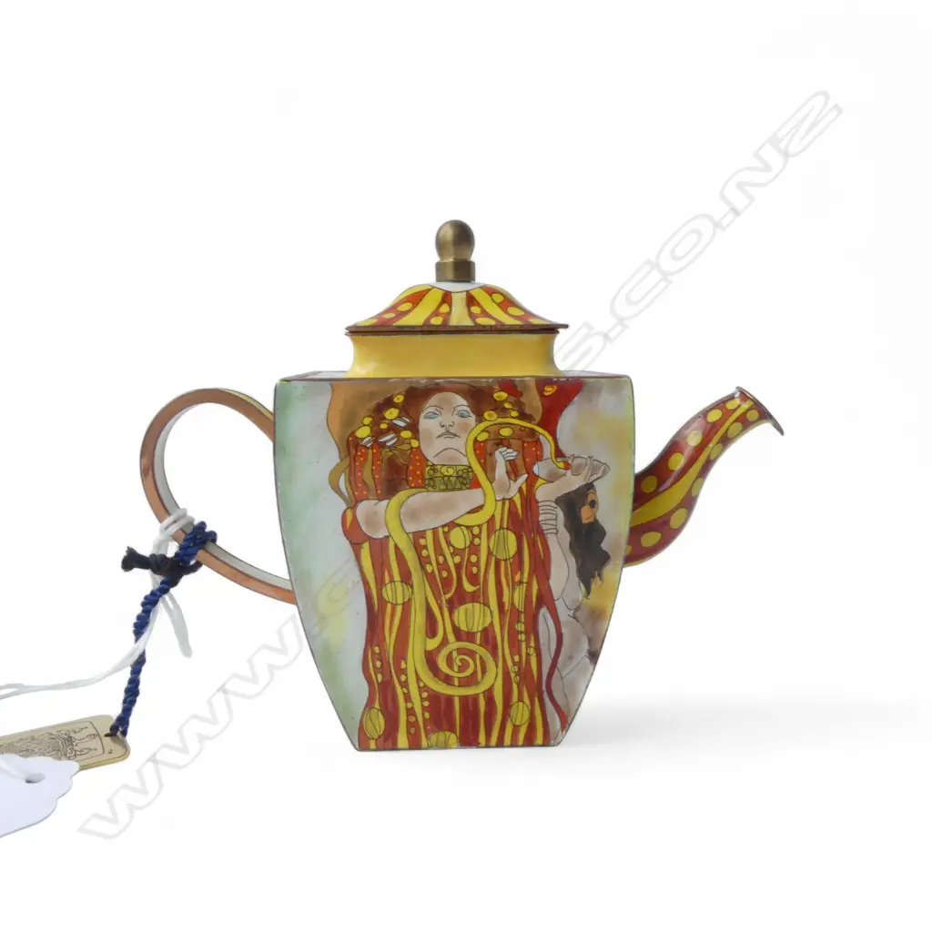 CHARLOTTE DI VITA HAND PAINTED ENAMEL on copper G. Klimt MINIATURE TEAPOT H.90mm numbered 471, box & booklet. 2001-2002 Image 1++