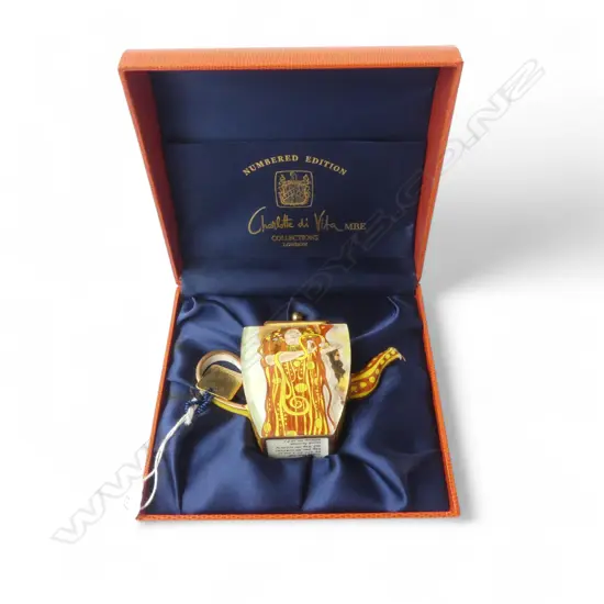 CHARLOTTE DI VITA HAND PAINTED ENAMEL on copper G. Klimt MINIATURE TEAPOT H.90mm numbered 471, box & booklet. 2001-2002