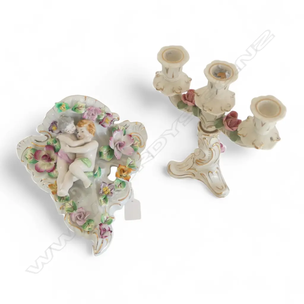 2 PCS CAPODIMONTE PORCELAIN w CHERUBS & FLOWERS WALL SCONCE & CANDLESTICK, H.220mm Image 1++