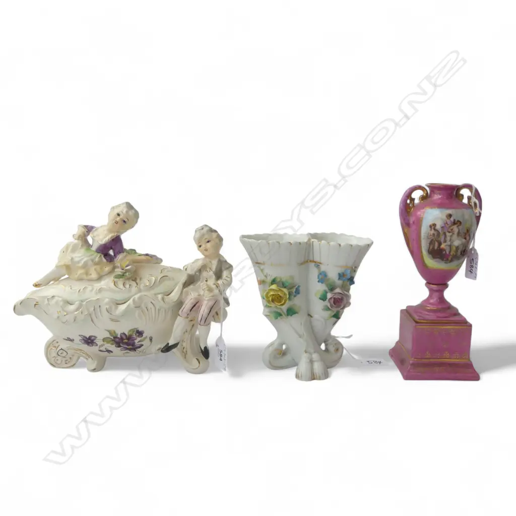 3 PCS EUROPEAN PORCELAIN, LIDDED DISH, W.240 x 200mm & VASE, H.160mm & PINK URN, H.220mm Image 1++