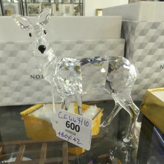 SWAROVSKI DEER H.95mm chip to one ear + ROYAL DOULTON CRYSTAL CLOCK & TRINKET BOX 80mm dia, ALL BOXED