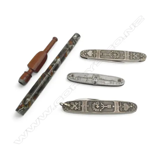 3 POCKET KNIVES: Auckland 1913 Exhib. + marbleized fountain pen + cigarette holder