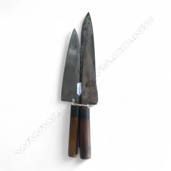 3 JAPANESE STEEL CHEF'S KNIVES wooden handles. Each w signed blade. Longest 400mm