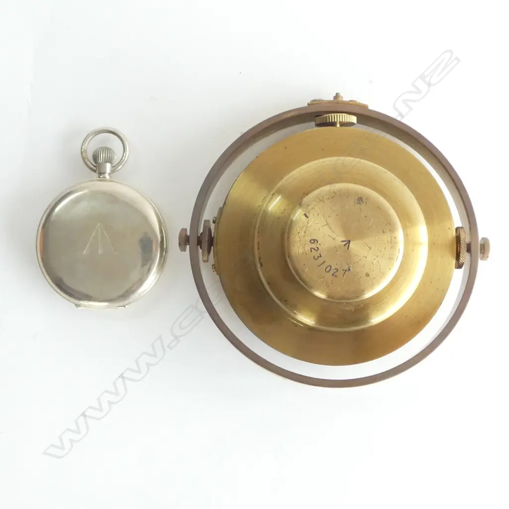 OMEGA POCKET WATCH & GIMBALLED LONGINES CLOCK 115mm dia (MILITARY BROAD ARROW), BOTH IN MAHOGANY BOXES Image 1++