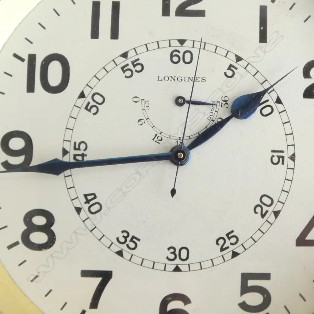 OMEGA POCKET WATCH & GIMBALLED LONGINES CLOCK 115mm dia (MILITARY BROAD ARROW), BOTH IN MAHOGANY BOXES Image 1++