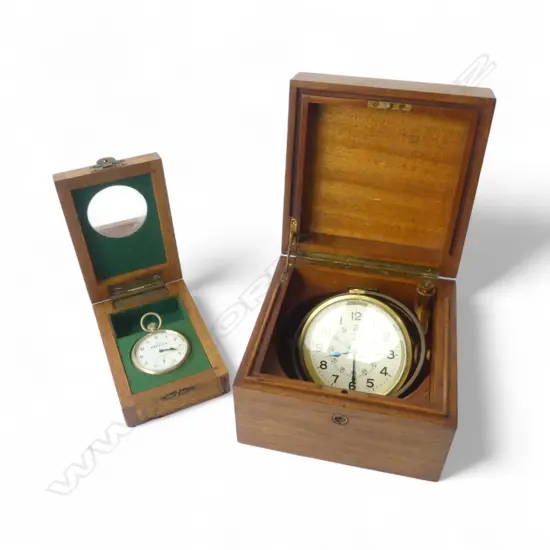 OMEGA POCKET WATCH & GIMBALLED LONGINES CLOCK 115mm dia (MILITARY BROAD ARROW), BOTH IN MAHOGANY BOXES