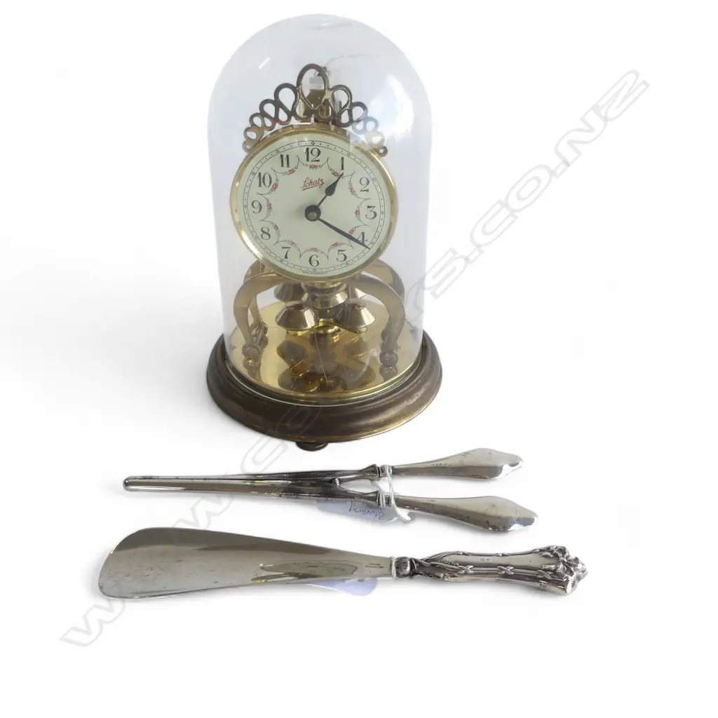 SCHATZ DOME CLOCK H.195mm +  STG SILVER HANDLED GLOVE STRETCHER & SHOE HORN Image 1++