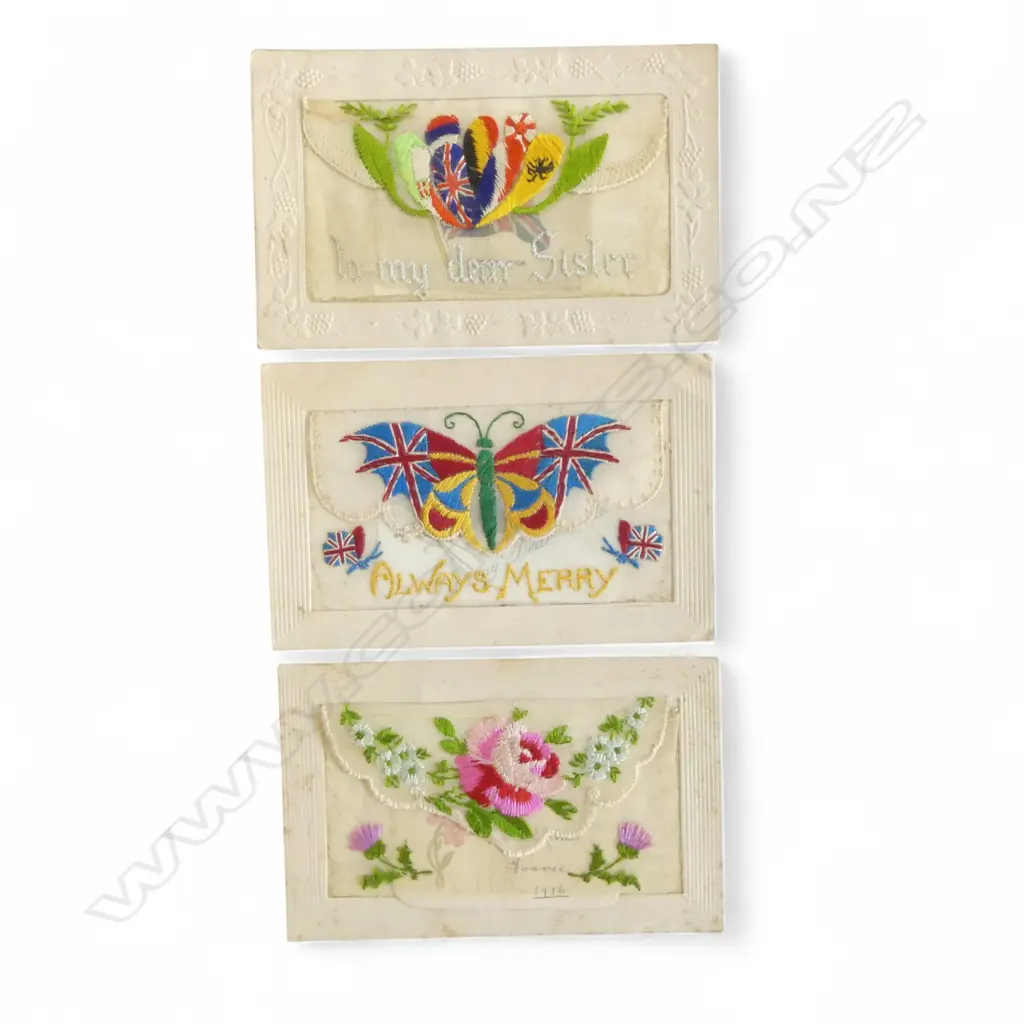 3 WWI SWEET HEART NEEDLEWORK POSTCARDS Image 1++