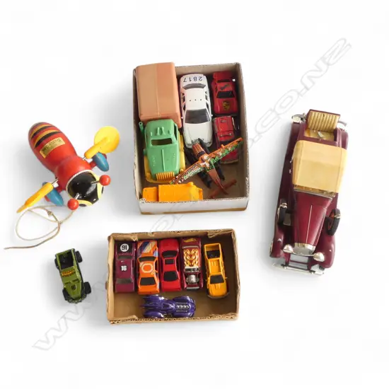 ASST VINTAGE MODEL CARS + WOODEN BUZZY BEE etc; 1930 PACKARD CONVERTABLE, MATCHBOX, MAISTO, etc