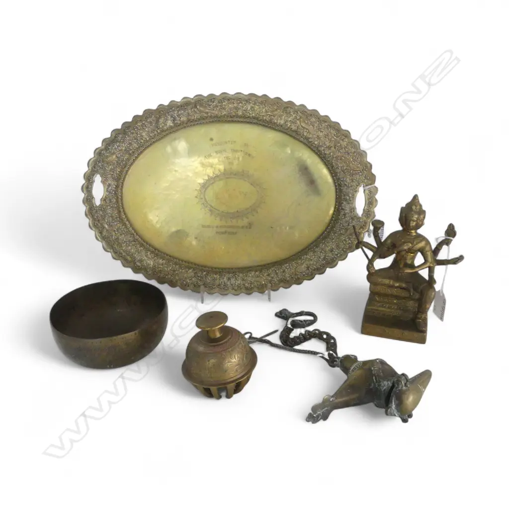 ORIENTAL TRAY L350MM SHIVA FIG H140 OIL BURNER BOWL & BELL Image 1++