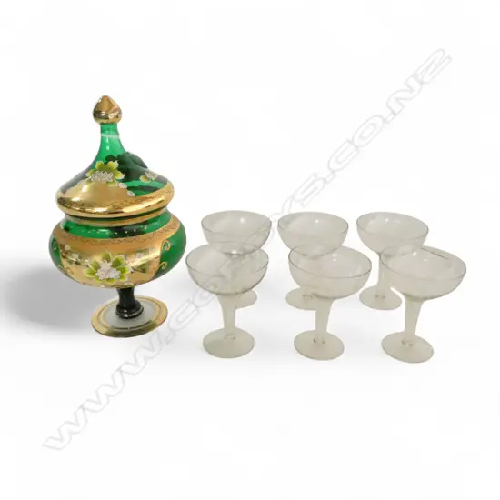 6 HOLLOW STEM CHAMPAGNE GLASSES H.115mm + VENETIAN GLASS LIDDED CONTAINER H.285mm