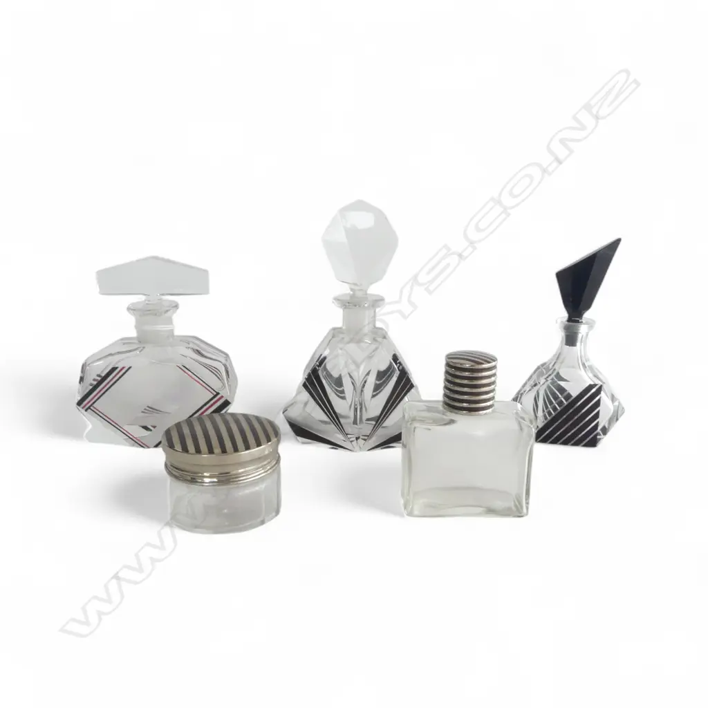 4 DECO PERFUME BOTTLES + LIDDED CONTAINER 55mm dia Image 1++