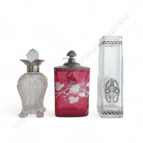 CRYSTAL BOTTLE B'HAM 1901, CRANBERRY GLASS LIDDED CONTAINER, DECO VASE H.160mm