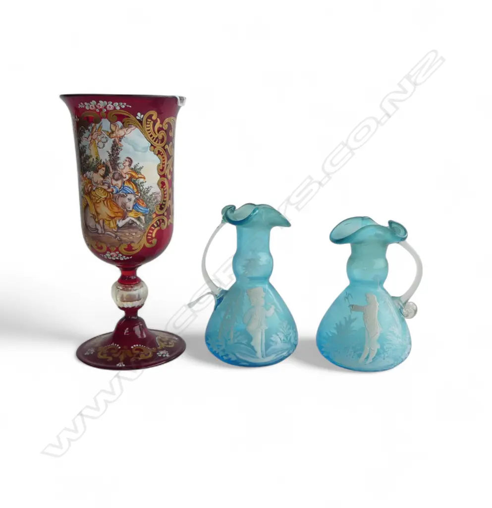 TWO VICTORIAN MARY GREGORY GLASS VASES, H.120mm & RUBY RED HANDPAINTED GOBLET, H.200mm Image 1++