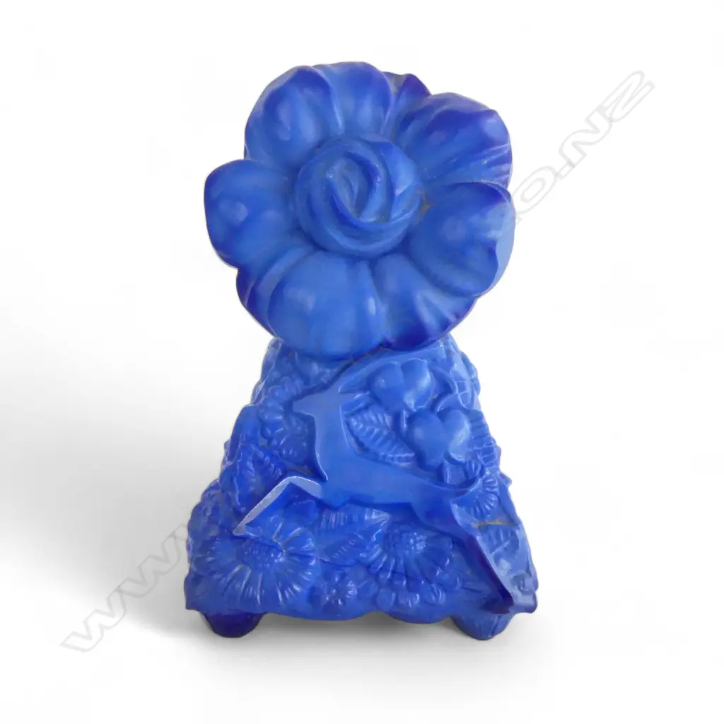 ART DECO period BLUE malachite type GLASS SCENT BOTTLE H.170mm springbok floral ground. Lge flower stopper. small faults Image 1++