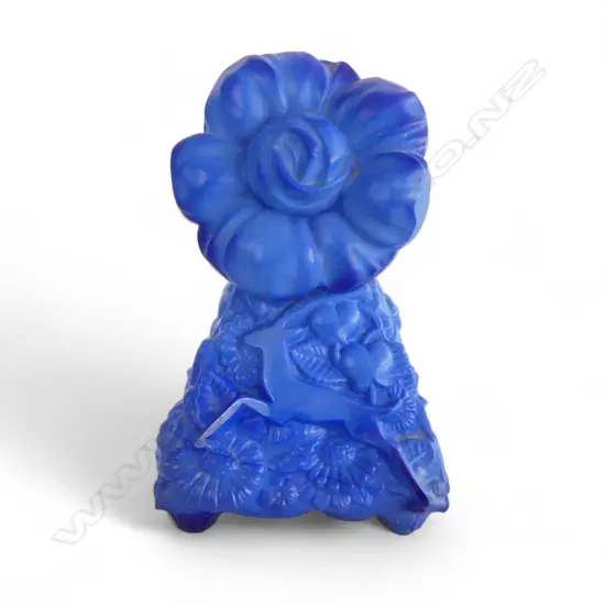 ART DECO period BLUE malachite type GLASS SCENT BOTTLE H.170mm springbok floral ground. Lge flower stopper. small faults