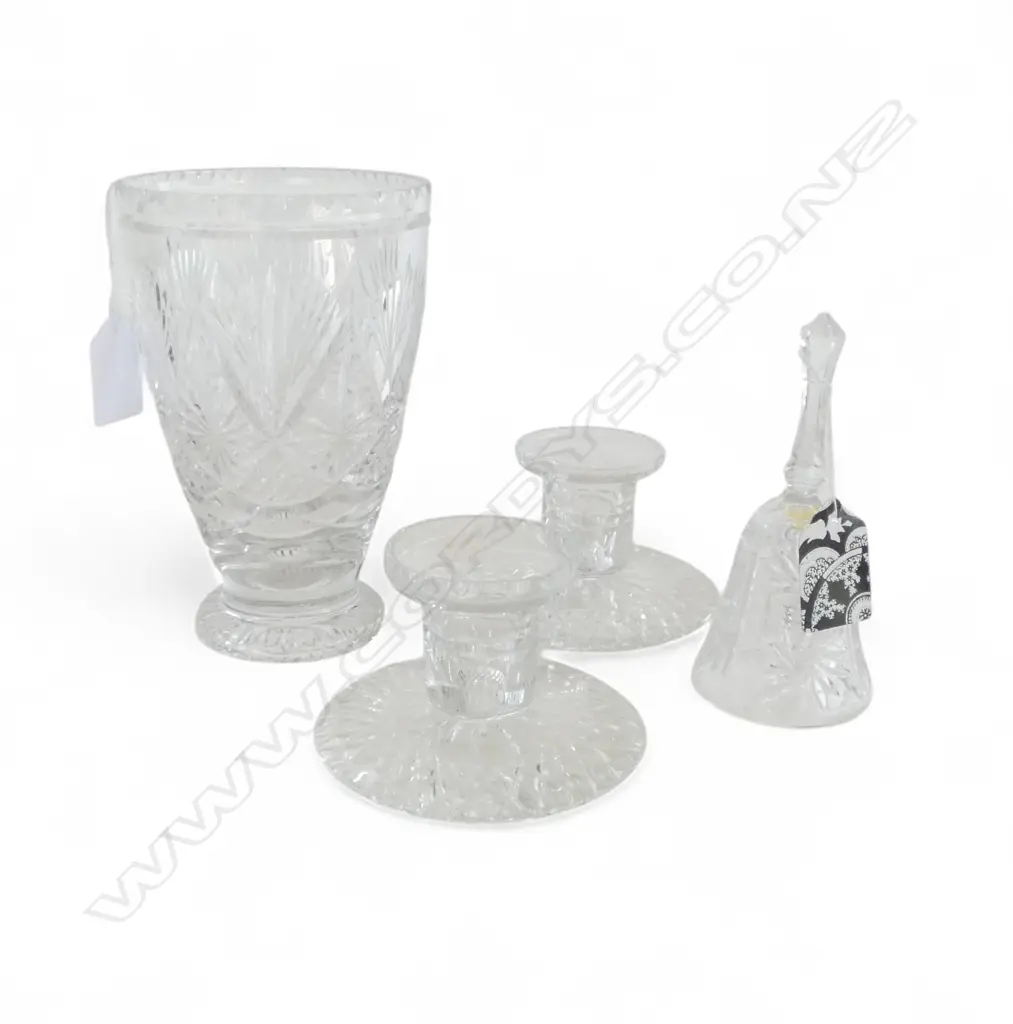 PR WEBB & CORBET CANDLE STICKS, VASE + BOXED CRYSTAL DINNER BELL Image 1++