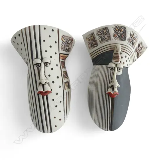 2 STUDIO POTTERY MASKS by CHERYL OLIVER H.110mm incised & stamped decoration, artist mark verso