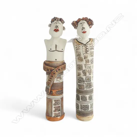 2 FIGURAL POTTERY TOTEM FIGURED SCULPTURES by CHERYL OLIVER H.270mm incised & stamped decoration