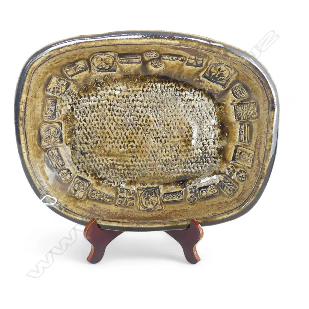 LARGE LEN CASTLE OBLONG PLATTER, IMPRESSED SYMBOLS REMINISCENT OF THEO SCHOON, L.430 x 335mm (sml chip & 2cm hairline) Image 1++
