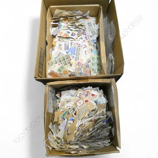 3 LG BOXES OF LOOSE STAMPS ON PAPER; N.Z. + ASST. WORLDS + AUS. etc