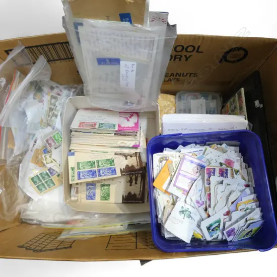 LG BOX OF STAMP COLLECTION FDC's + SHEETS + ASST. PACKETS & LOOSE IN BAGS