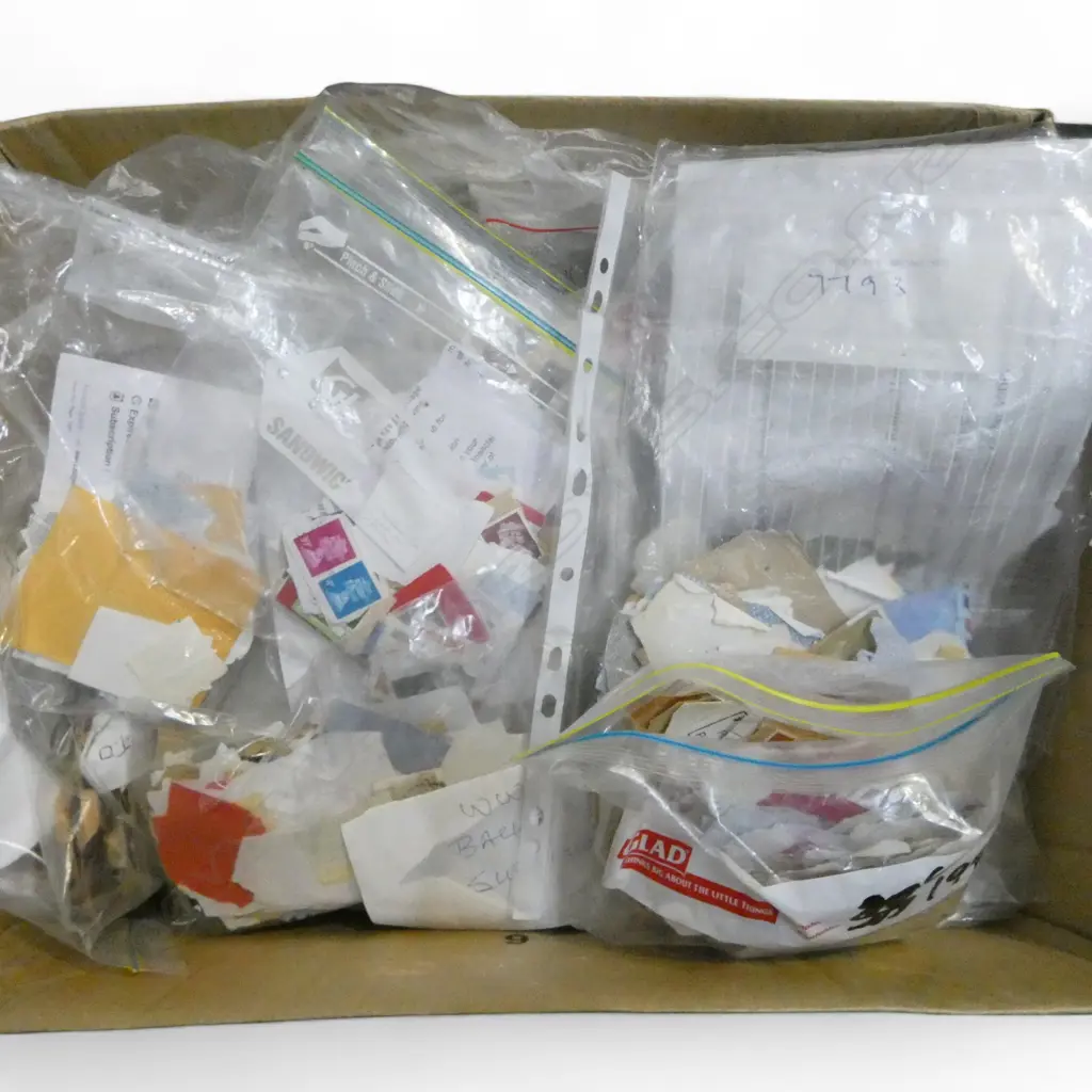 LG BOX OF BAGGED STAMPS, STAMPS ON PAPER, etc Image 1++