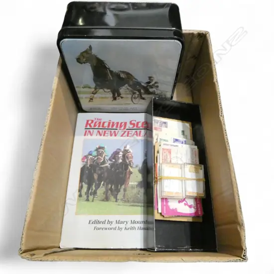 N.Z. HEALTHG STAMP FIRST DAY COVERS, EDWARDIAN STAMPS, 'CARDIGAN BAY' BISCUIT TIN + 'THE RACING SCENE IN N.Z.' BOOK