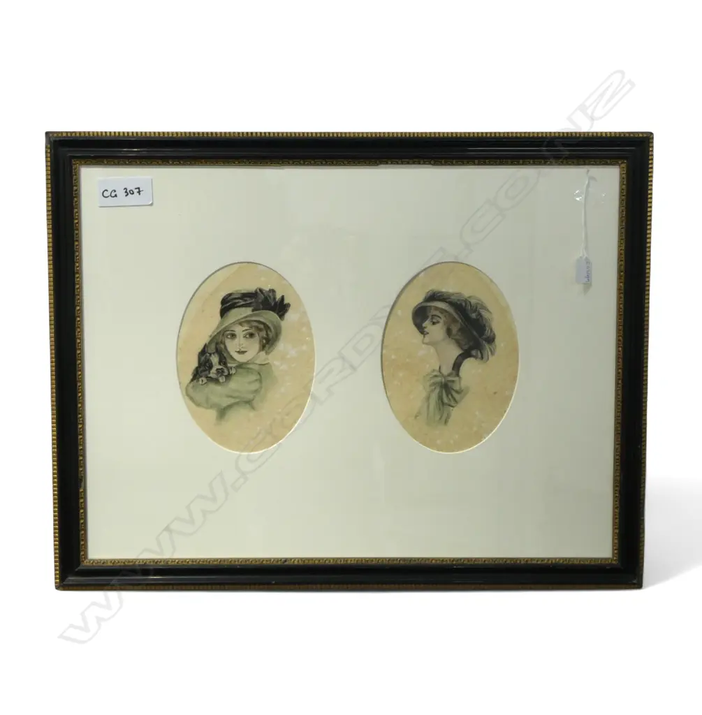 DOUBLE PORTRAIT, 2 EARLY 20thC WOMEN, MIXED MEDIA 250x180mm (515x690mm mount) Image 1++
