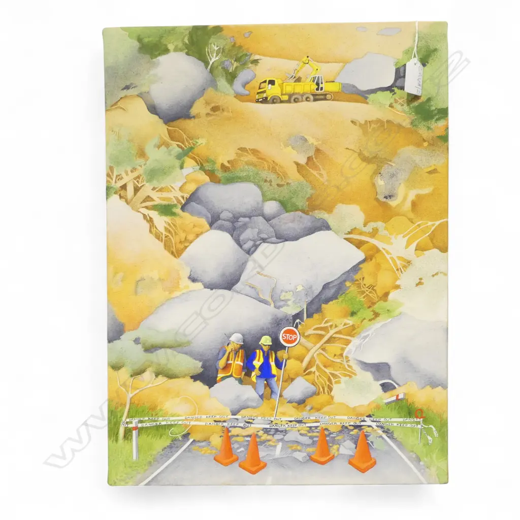 JO HARDY (NZ 1952-2016) 'CATASTROPHE #2 ROADBLOCK, ACRYLIC ON CANVAS 475x350mm Image 1++