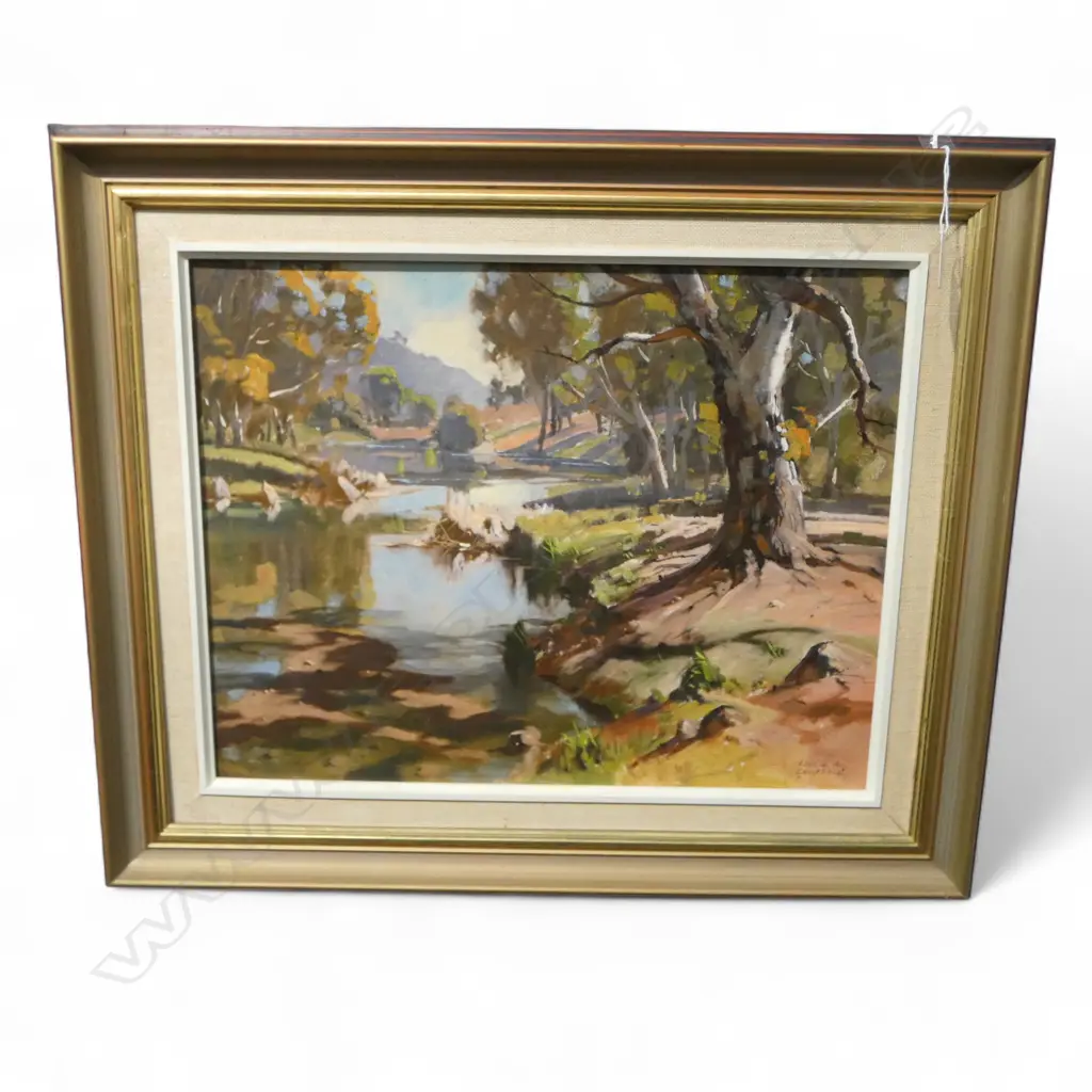LESLIE A CAMPBELL 'THE BILLABONG FLINDERS RANGES' OIL ON BOARD 340x440mm Image 1++