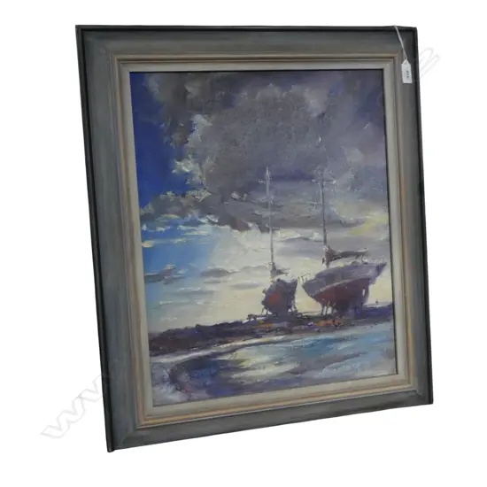 ERIC CLARK, BOATS ON THE HARD, OIL ON BOARD 475x390mm