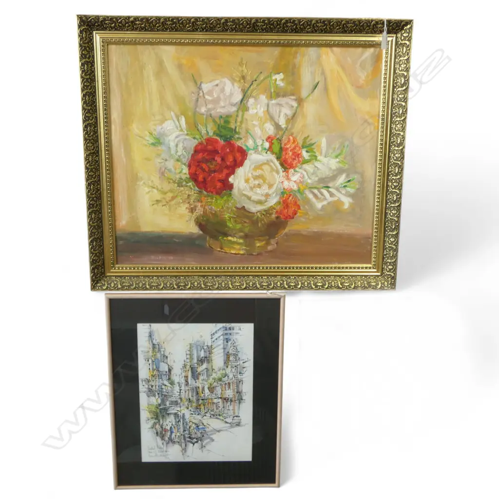 CAROLINE BARKER, FLORAL STILL LIFE, OIL, 495x600mm + CEES SLIEDRECHT PAINTING OF ANN ST. BRISBANE Image 1++