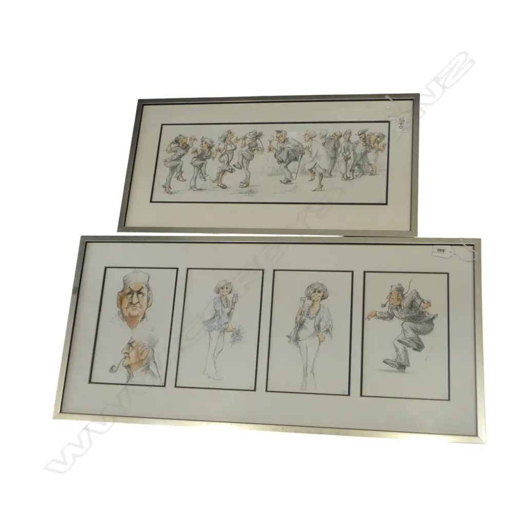 2 FRAMED CARICATURE SATIRE DRAWINGS 360x760mm largest incl. frame Image 1++