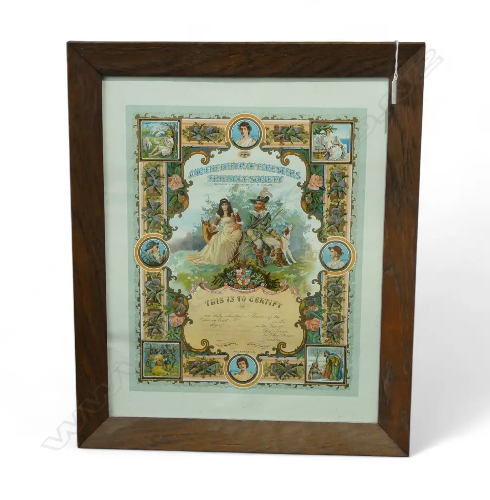 FRAMED 'ANCIENT ORDER OF FORESTERS FRIENDLY SOCIETY' CERT. 495x390mm Image 1++