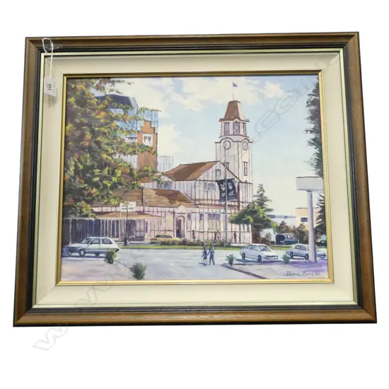 DENIS KING 'THE TOURISM BUILDING ROTORUA' 2001 OIL ON CANVAS BOARD SIGNED AND DATED 395 X 405 MM