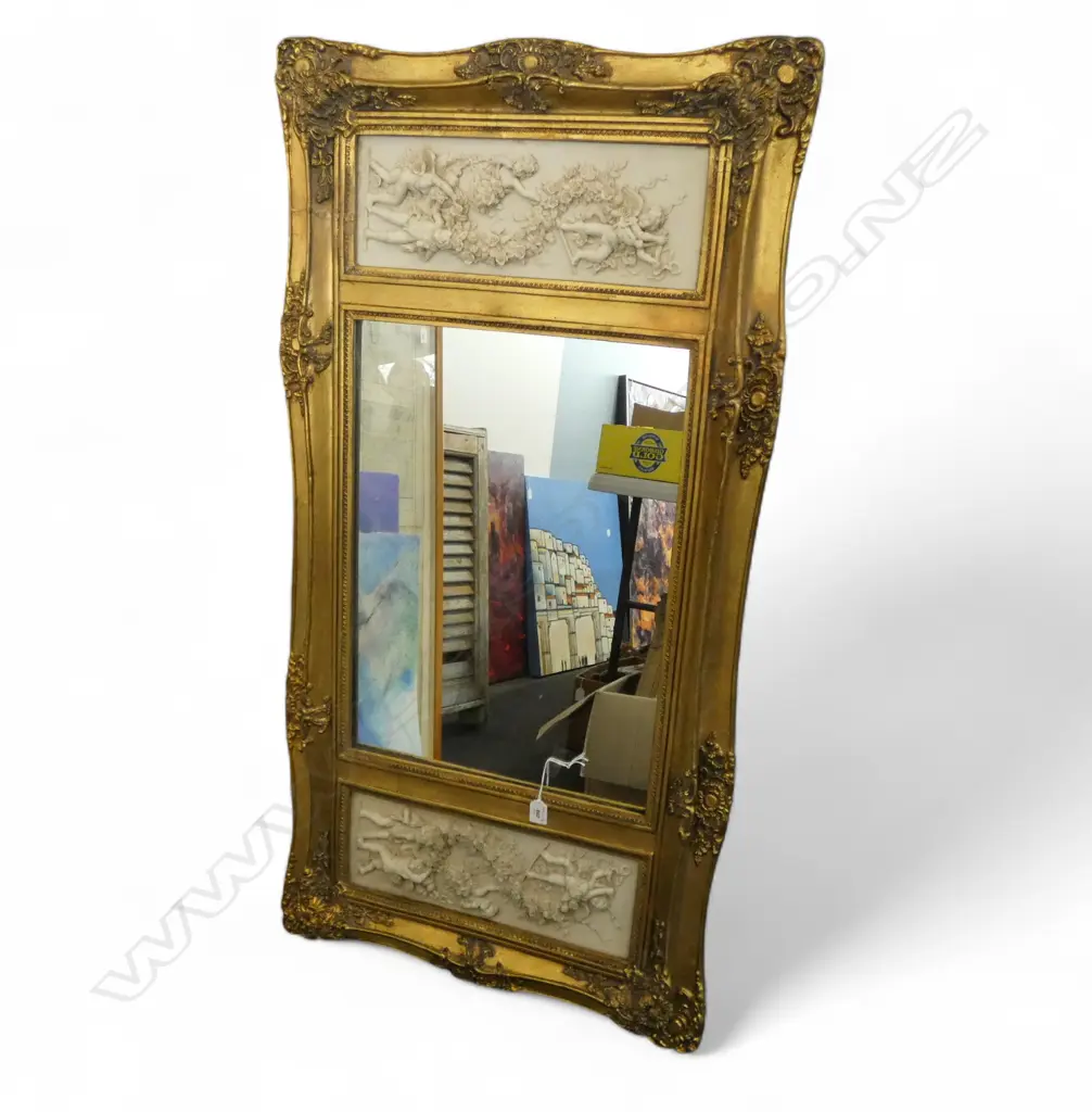 GILT FRAMED OVER MANTLE MIRROR w. RELIEF PANELS 1260x650mm Image 1++