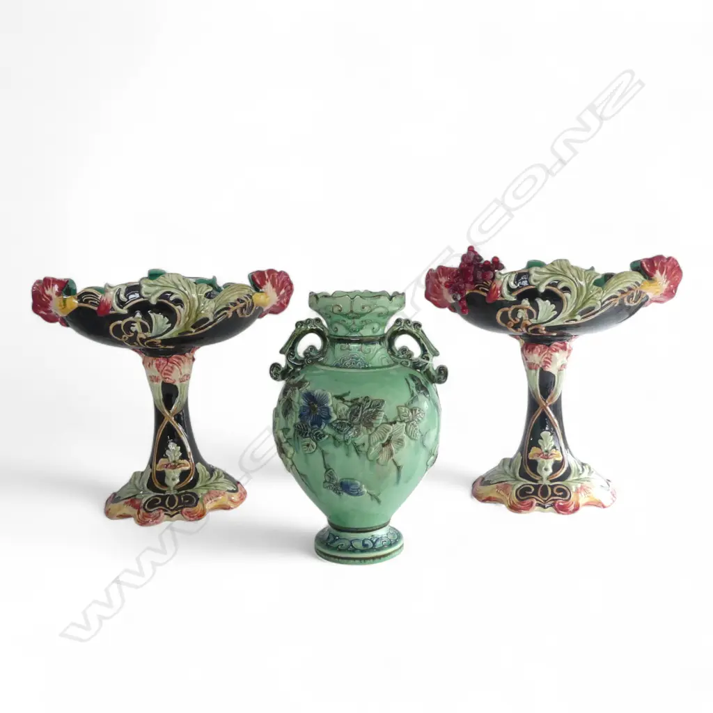 VICTORIAN MAJOLICA VASE (335 mm LOSS OF GLAZE UNDER HANDLE) AND PAIR ART NOUVEAU STYLE CENTRE PIECE PLANTER  370mm (H)) Image 1++